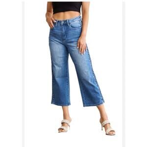 Judy Blue Womens Side Seam Braid Detail Crop Wide Leg Jeans 22 Boho Beach Hippie